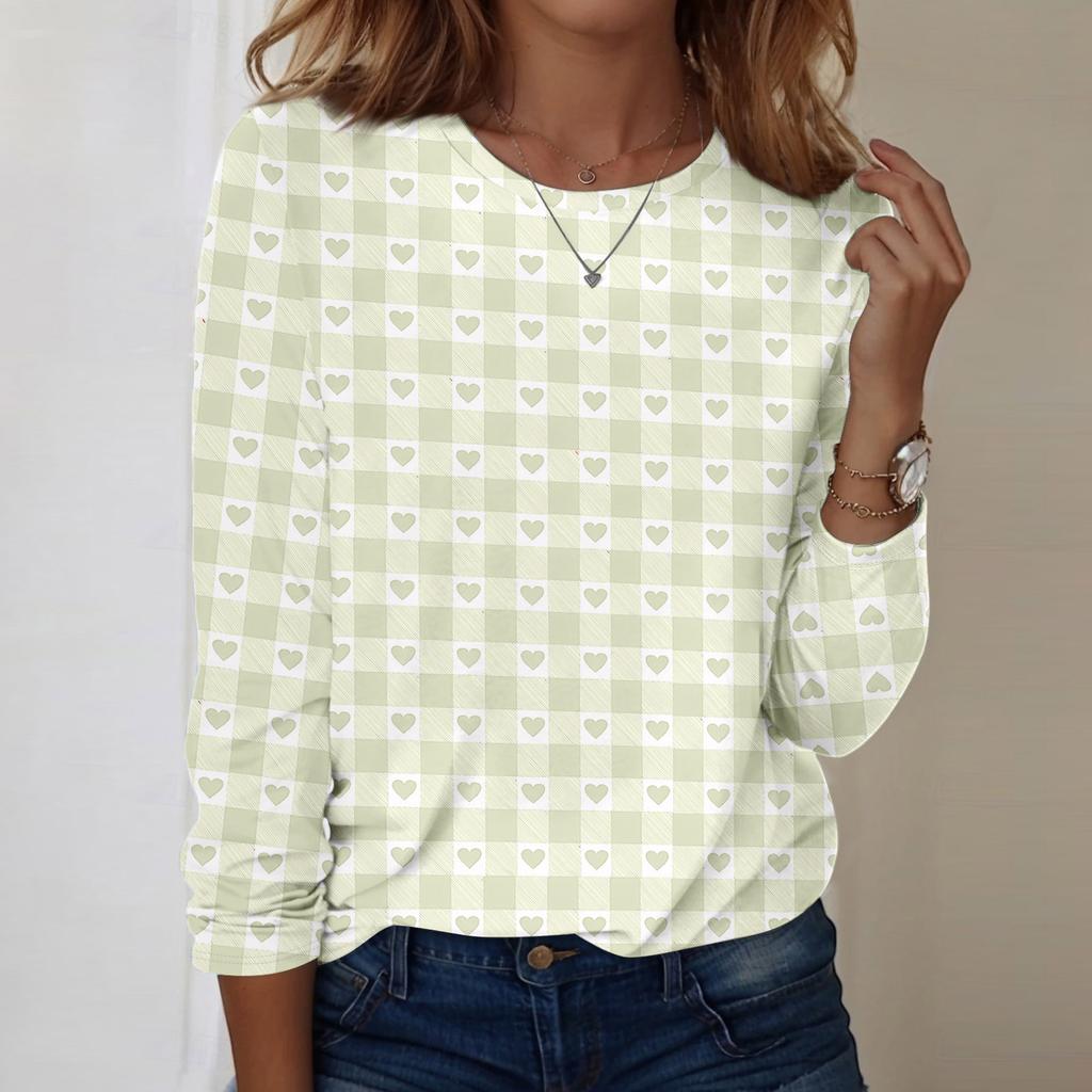 Damska codzienna bluzka z długim rękawem z nadrukiem walentynkowym i okrągłym dekoltem