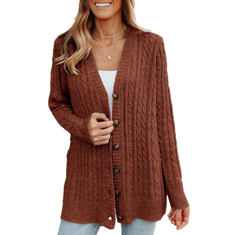 Women's V Neck Long Sleeve Cable Knit Cardigan Regular Fit Casual Sweater Coat