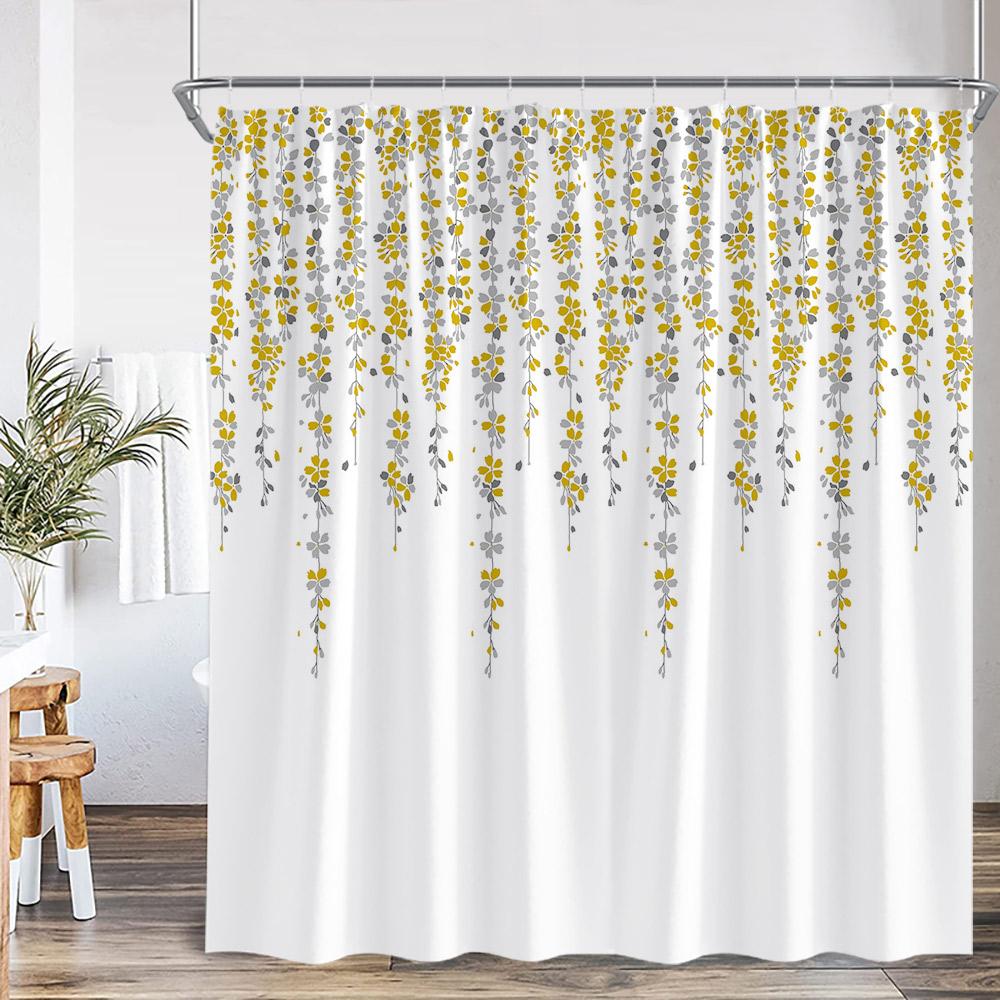 Floral Leaf Shower Curtain Green Leaves Colorful Flower Plant Nordic Bathroom Decor Modern Polyester Bath Curtain With Hook