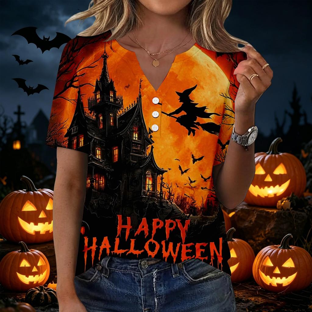 Women's Casual V Neck Button Front Halloween Print T Shirt Top with Three Quarter Sleeves Lightweight Comfortable Fit