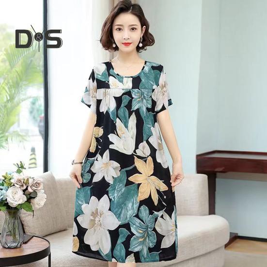 Women Nightdress Loose Floral Print Round Neck Pleated Short Sleeves Knee Length Homewear Casual Midi Dress Lady Nightgown Midi Dress
