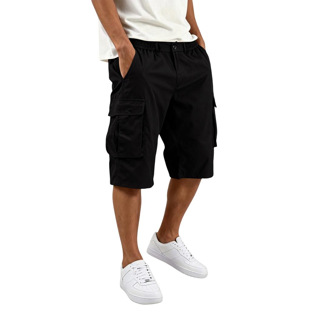 Herren Farbknopf Elastischer Bund Cargoshorts mit 6 Taschen für die Arbeit im Freien