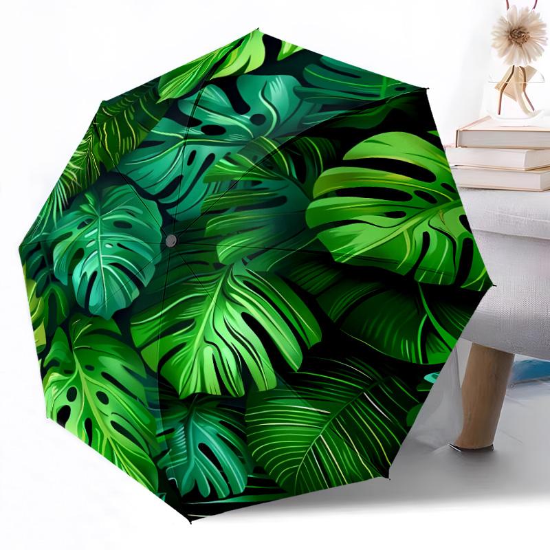 Tropical Leaf Pattern Compact Travel Automatic Umbrella Compact & Durable 8-Rib Design Foldable Design for Outdoor Daily Use Elegant Umbrella