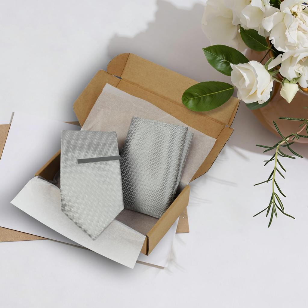 [LEHOMU] Men's Polyester Tie 3-Piece Set (Silver), Perfect for Weddings, Business, Formal Occasions, Graduations, Parties, Includes Pocket Square,