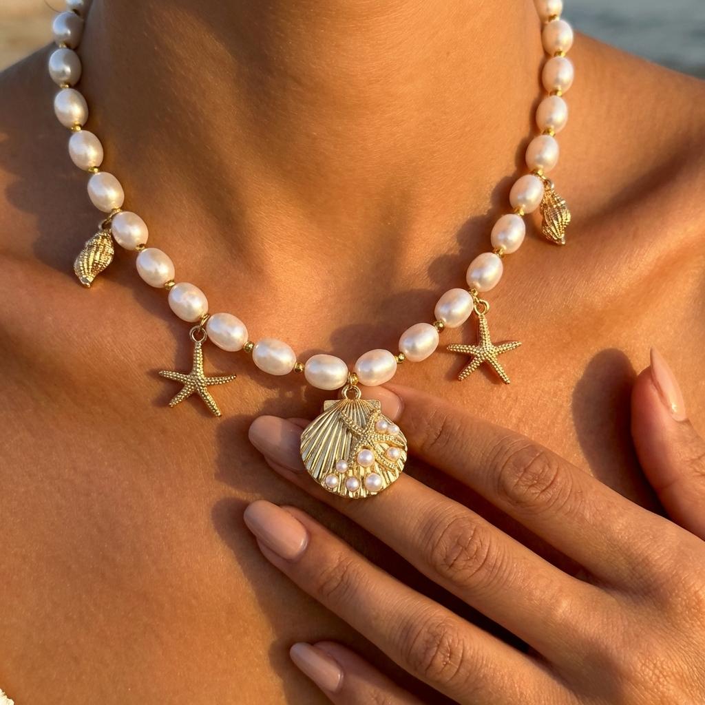 Bohemian Imitation Pearl Choker Necklace for Women Gold Color Shell Starfish Pendant Collar Summer Beach Vacation Jewelry Gift