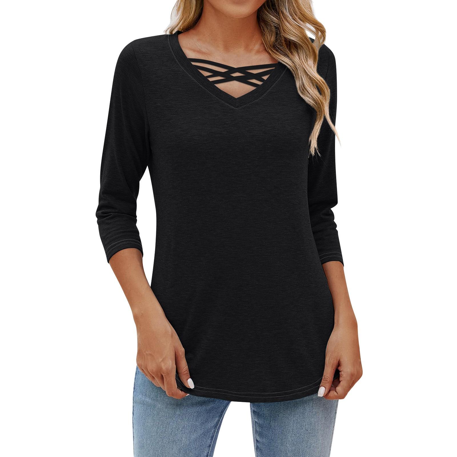 

Женская повседневная свободная однотонная футболка с v-образным вырезом, пуловер с перекрестными ремнями, топ с рукавами 3/4 XXXL чёрный