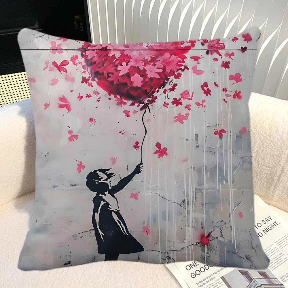 Street Graffiti Banksy Boy Girl With Balloon Pillow Case Square Pillow Bedroom Sofa Leisure Comfort Cushion Car Home Decoration