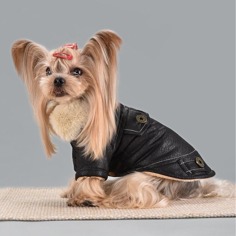 10PC/Lot Fur Collar Dog Leather Jacket Windproof Warm Small Dog Coat Winter Dog Clothes Puppy Clothing