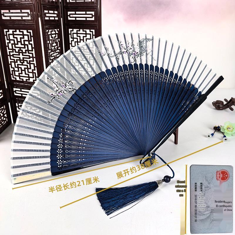 Ancient-Style Green Bamboo Folding Fan with Plum Blossom Tassel – Custom Logo Available