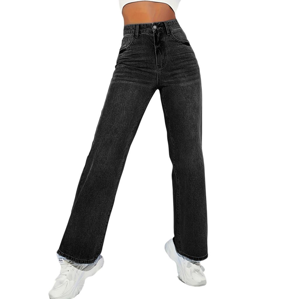 Damen Jeans mit hoher Taille und gewaschener Optik, modische, vielseitige Hose mit geradem Bein