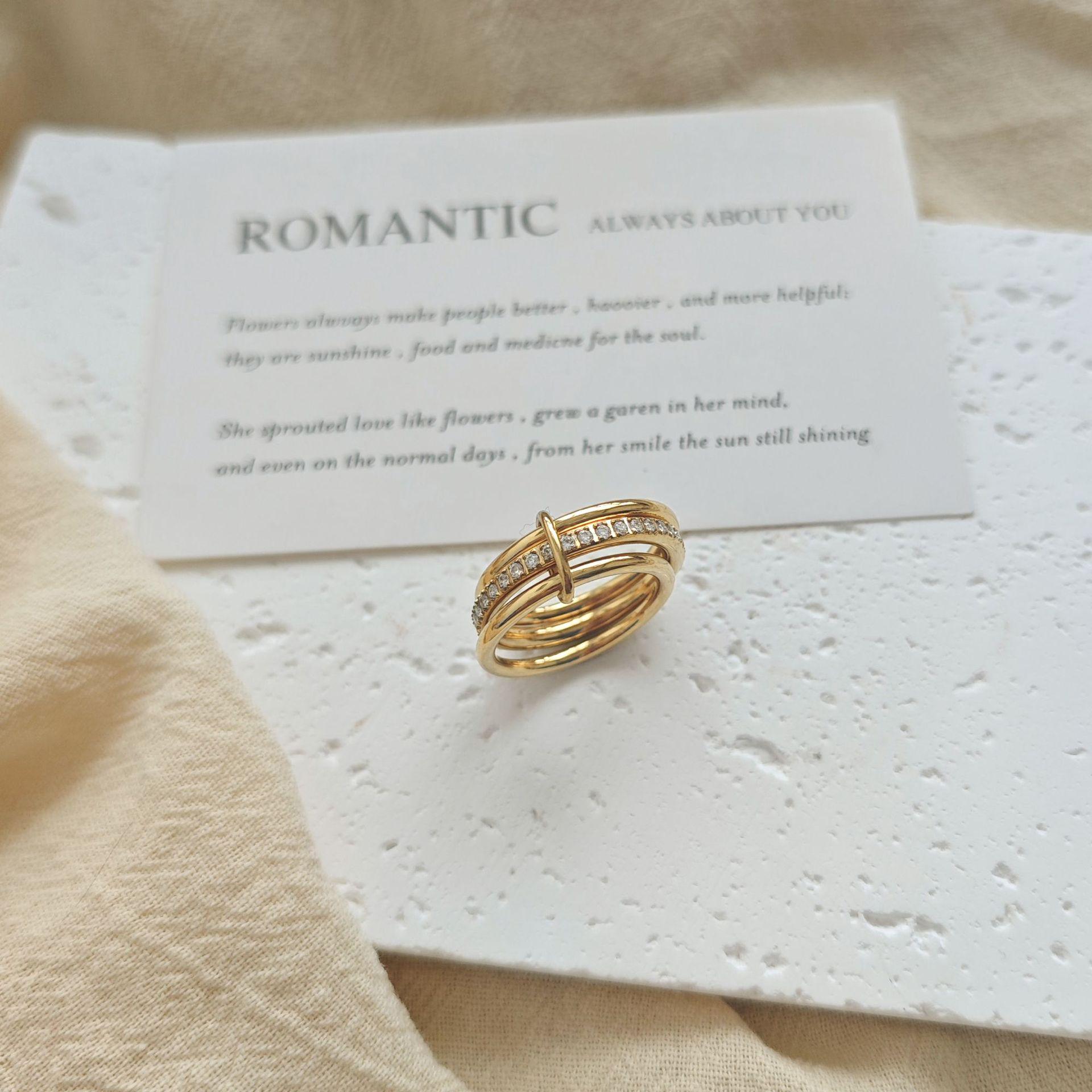 European Gold Three-Ring Micro-Set Zirconia Stackable Women s Ring – Niche Design, Luxurious Fashion золотой