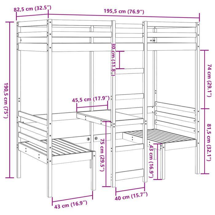 VidaXL Lit mezzanine avec bureau et chaises 75x190 cm pin massif, cadre de lit mezzanine, cadre de lit de cabine, cadre de 3308562