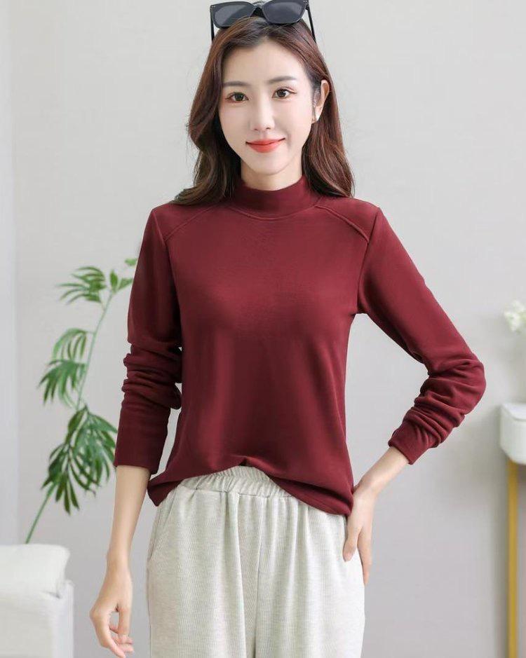 

Women s Slim Fit Korean Stand-Up Collar Long-Sleeve Base Shirt - Ideal for Layering in Spring & Autumn M бордовий