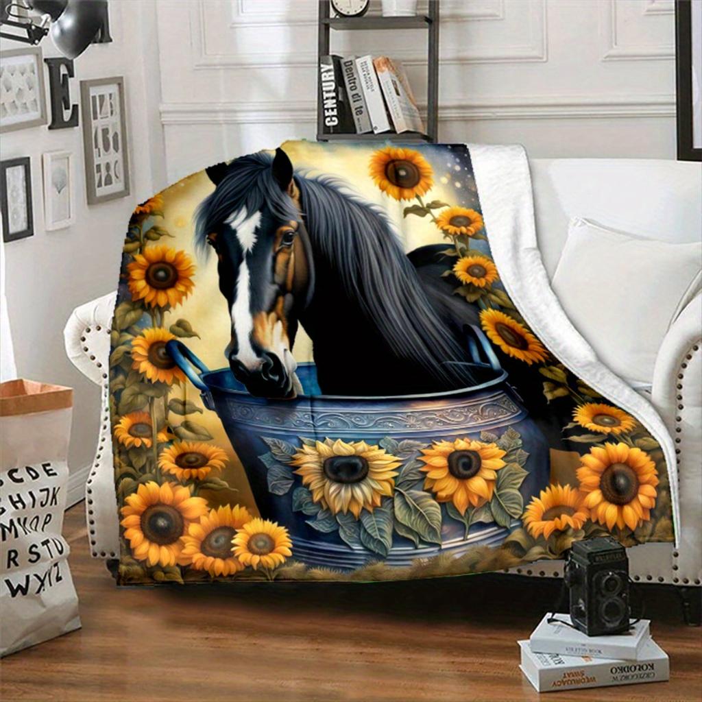 Luxury Black Horse Pattern Flannel Blanket, Suitable for Sofas, Beds, Offices, Travel, Camping, Christmas Gifts, and Presents