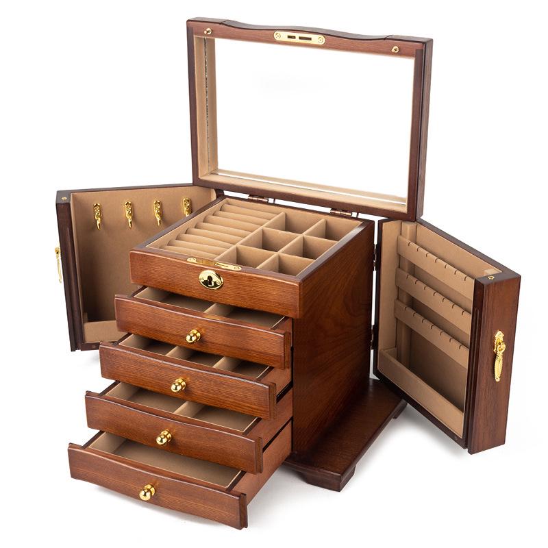 Mid-Century Solid Wood Jewelry Box with Lock: Multi-Layer Storage and Velvet Interior