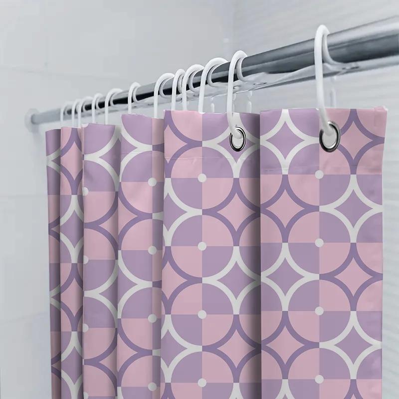 Purple Geometric Print Shower Curtain Waterproof Decorative Bath Mat Set For Home Bathroom Decoration Purple White Pink