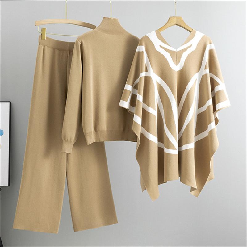 Women's Autumn And Winter New Lazy Style Casual Suit Knitted Sweater Shawl Cape Wide Leg Pants Three Piece Set