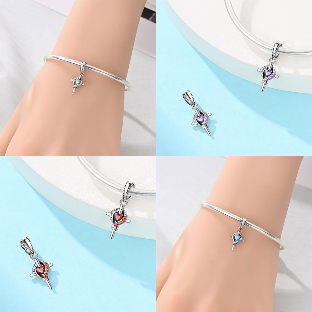Women Pendant Original Red Zircon Birthstone Blue Gemstone Heart Cross Bead Fit Bracelet Copper Jewelry Accessory Charm Gift
