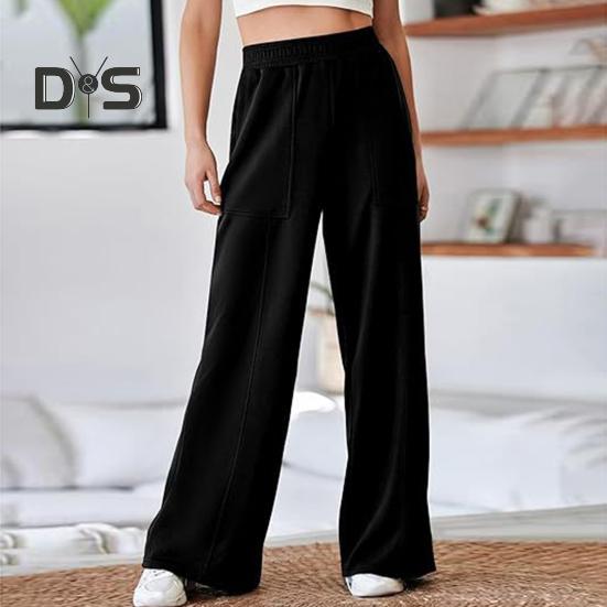 Damenhose, elastisch, hohe Taille, gerades weites Bein, lange Hose, einfarbig, lockere Passform, lange Hose mit Taschen, für den Alltag