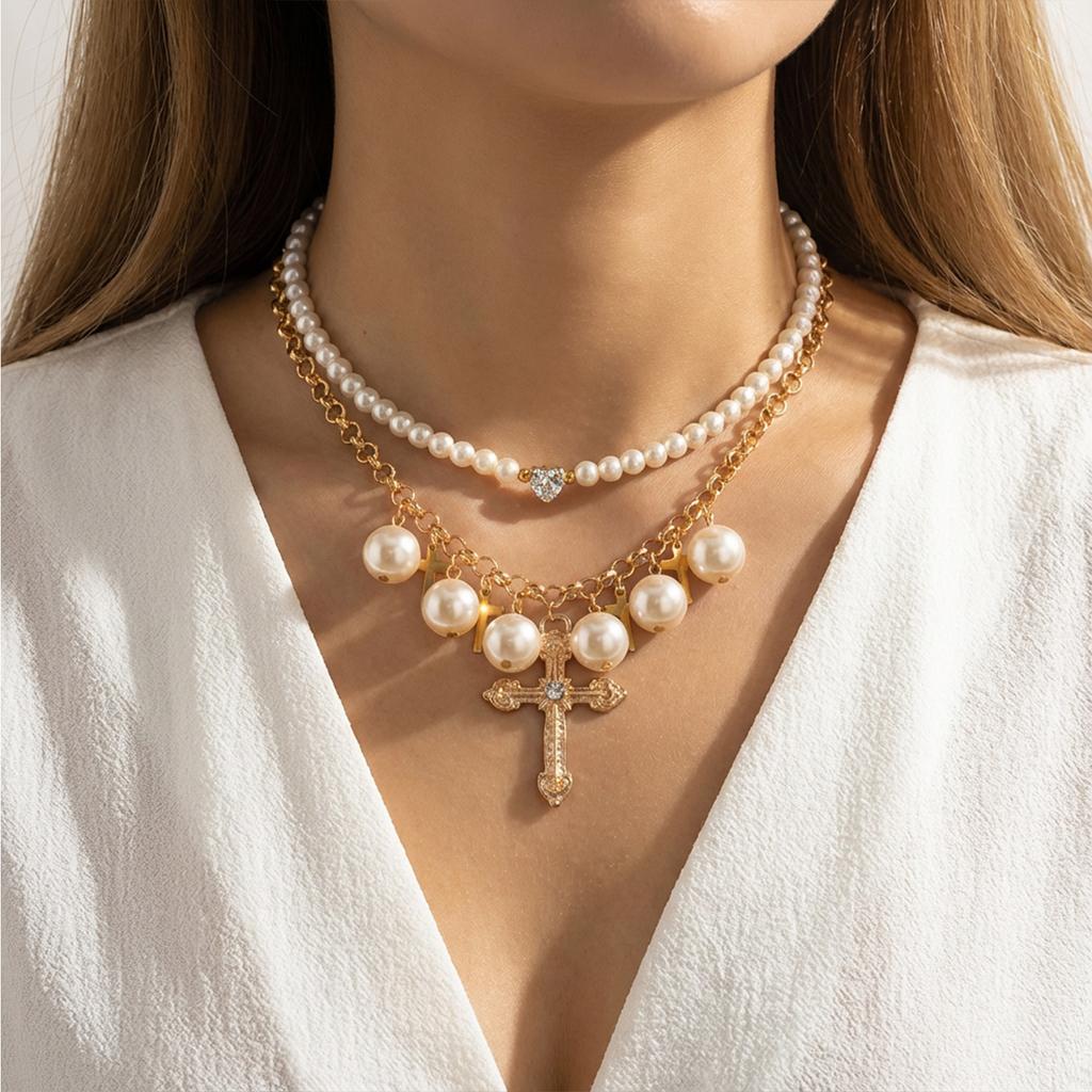 Luxury Baroque Imitation Pearl Cross Zircon Layered Necklace for Women Y2K Vintage Gold Plated Chain Choker Party Jewelry Gift