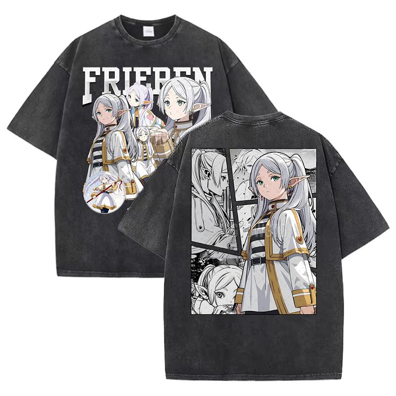 Hot Sale Anime Peripherals Frieren: Beyond Journey's End Graphic Print T-Shirt Men Women Streetwear Fashion Vintage Washed Cotton Summer New Tee