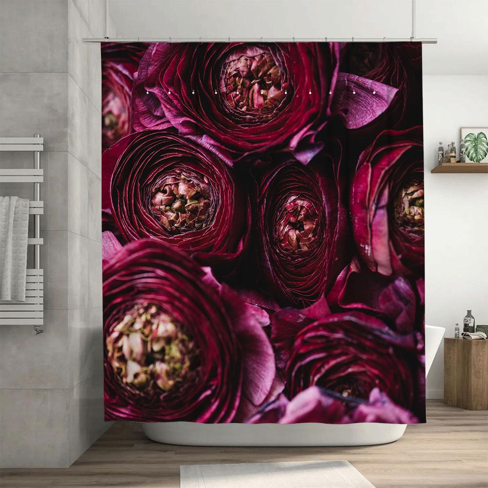 Luxury Purple Rose Flower Print Bath Shower Curtain Waterproof Decorative Rug Mat Home Textile Bathroom Tassel Decor Size 180x24