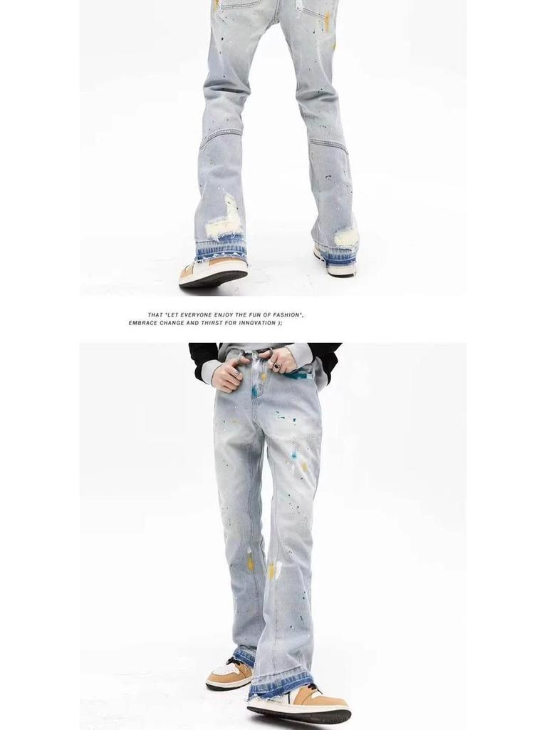 Pánské džíny do zvonu ve streetovém stylu s cákanci inkoustu pro jaro a podzim - Trendy, ležérní, volné, slim fit