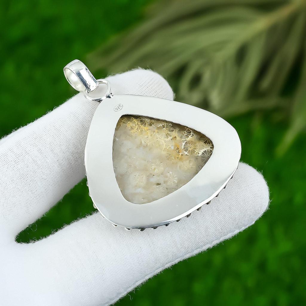 Natural Fossil Coral Gemstone Pendant Gray 925 Sterling Silver Indian Jewelry