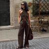 Womens 2025 Fall Solid Color Sleeveless Halter Top Long Pants Set Casual Street Style Two Piece Outfit
