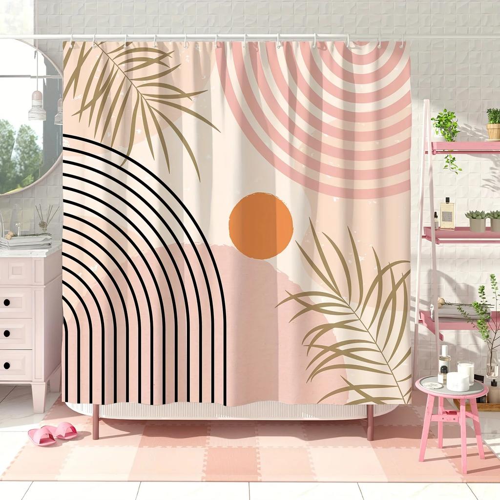 Elegant Modern Geometric and Palm Leaf Design Waterproof Shower Curtain – Perfect for Adding a Stylish and Contemporary