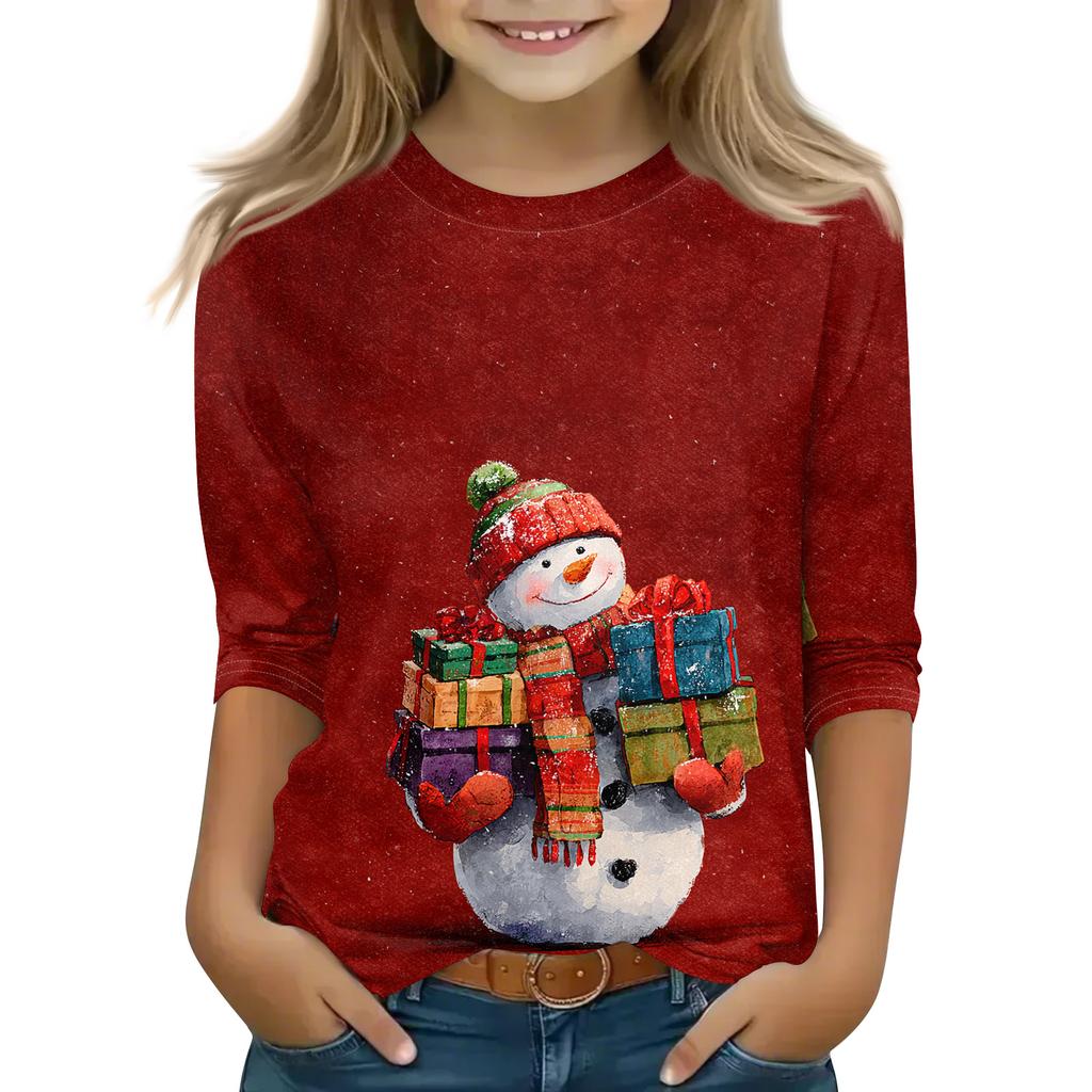 Christmas Day Print Tops For Youth Girls 4-11 Years Round Neck 3/4 Sleeves T-Shirts Trendy Tops Outfit Tees