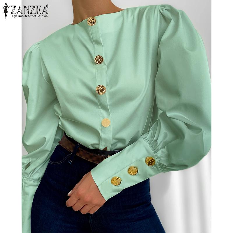 

ZANZEA женская летняя плиссированная однотонная рубашка с круглым вырезом и длинными рукавами и пряжкой