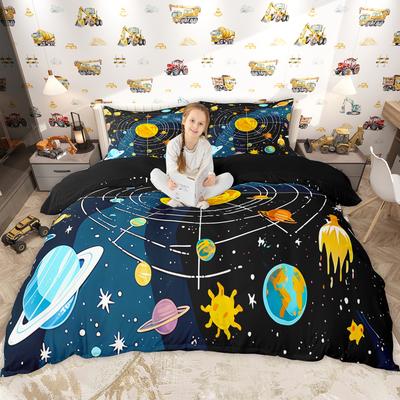 Homewish Cartoon Airplane Duvet Cover Set For Kids Boys, Kawaii Astronaut Planets Bedding Set, Rocket Aircraft Comforter Cover