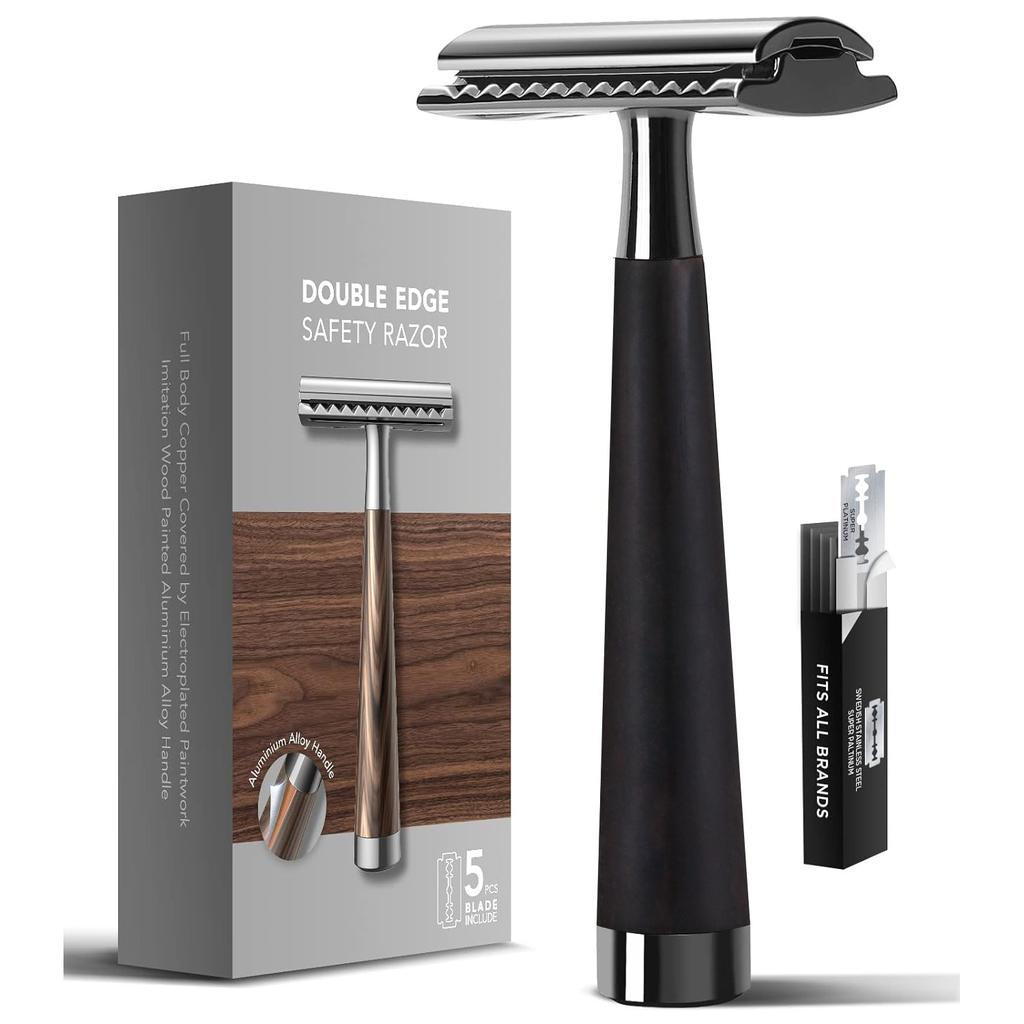Classic Men's Safety Razor with Wood Grain Handle + 5 Blade Refills - Close Shaving for Wet Shaving Routine, Eco-Friendly Gifts for Men