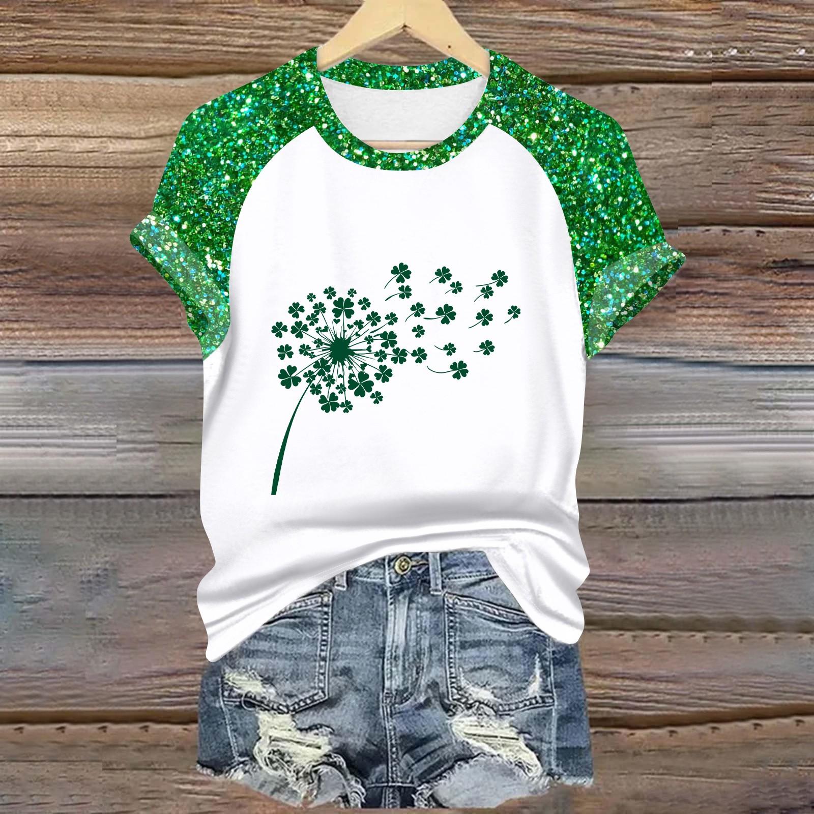 

Жіноча мода Студентський друкований топ-футболка з круглим вирізом і короткими рукавами на плечі до Дня Святого Патрика L