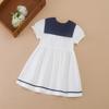 Adorable White Baby Girl Dress with Navy Blue Collar & Bow – Summer Toddler Outfit for Girls
