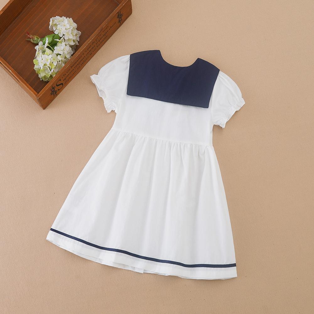 Adorable White Baby Girl Dress with Navy Blue Collar & Bow – Summer Toddler Outfit for Girls