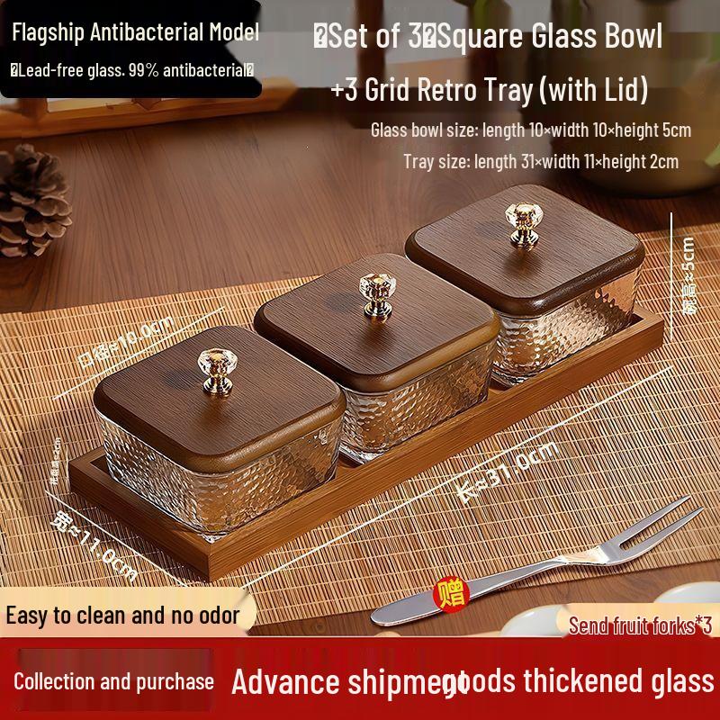 Walnut Luxury Glass Fruit Plate with Lid: Snack, Candy, and Dried Fruit Box for Living Room