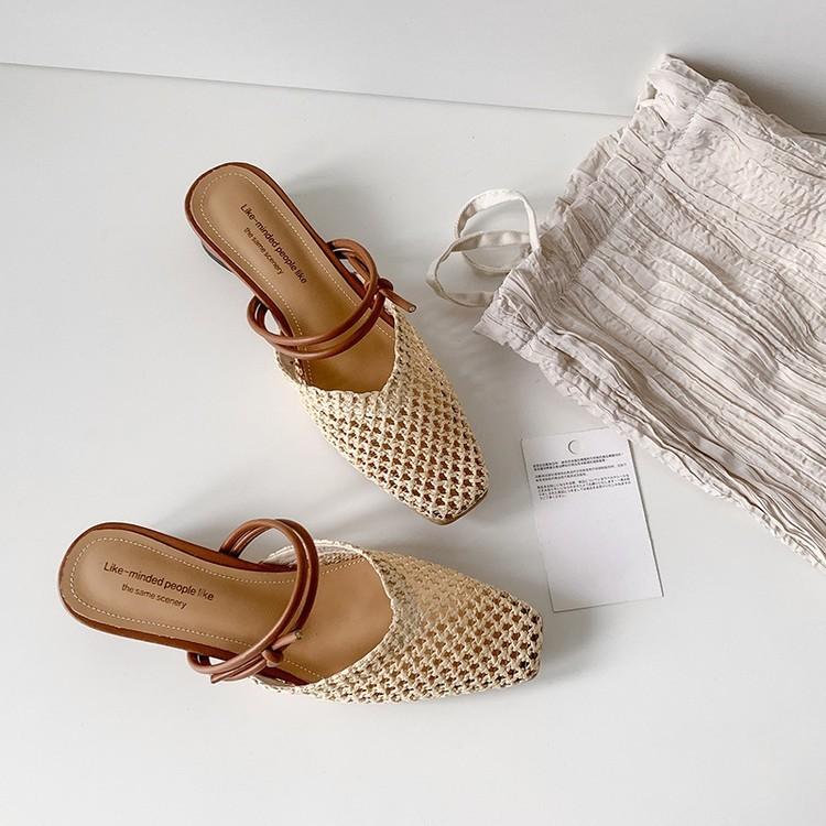 Vintage Woven Women's Lazy Closed-Toe Mules - French Fairy Style Block Heel Vacation Shoes