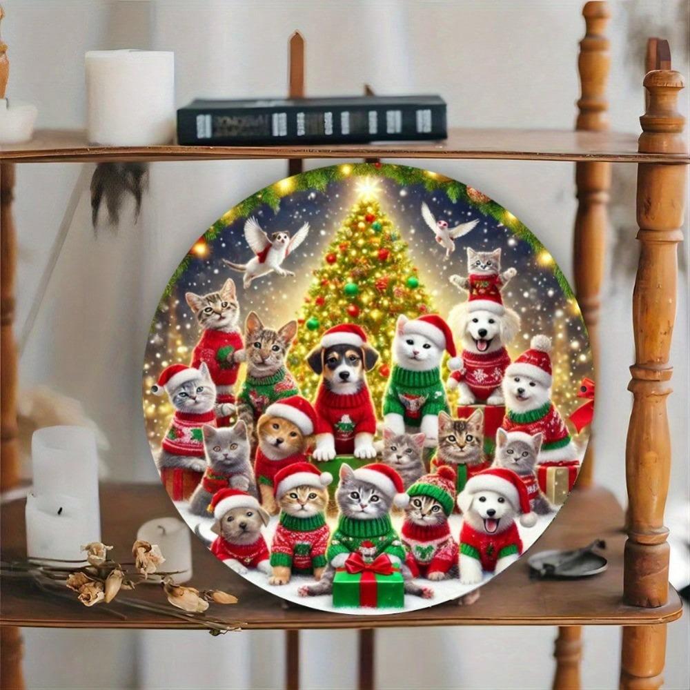 Vintage Round Cat Dog Christmas Wreath Iron Wall Sign 8x8 Inch Home Decor Gift