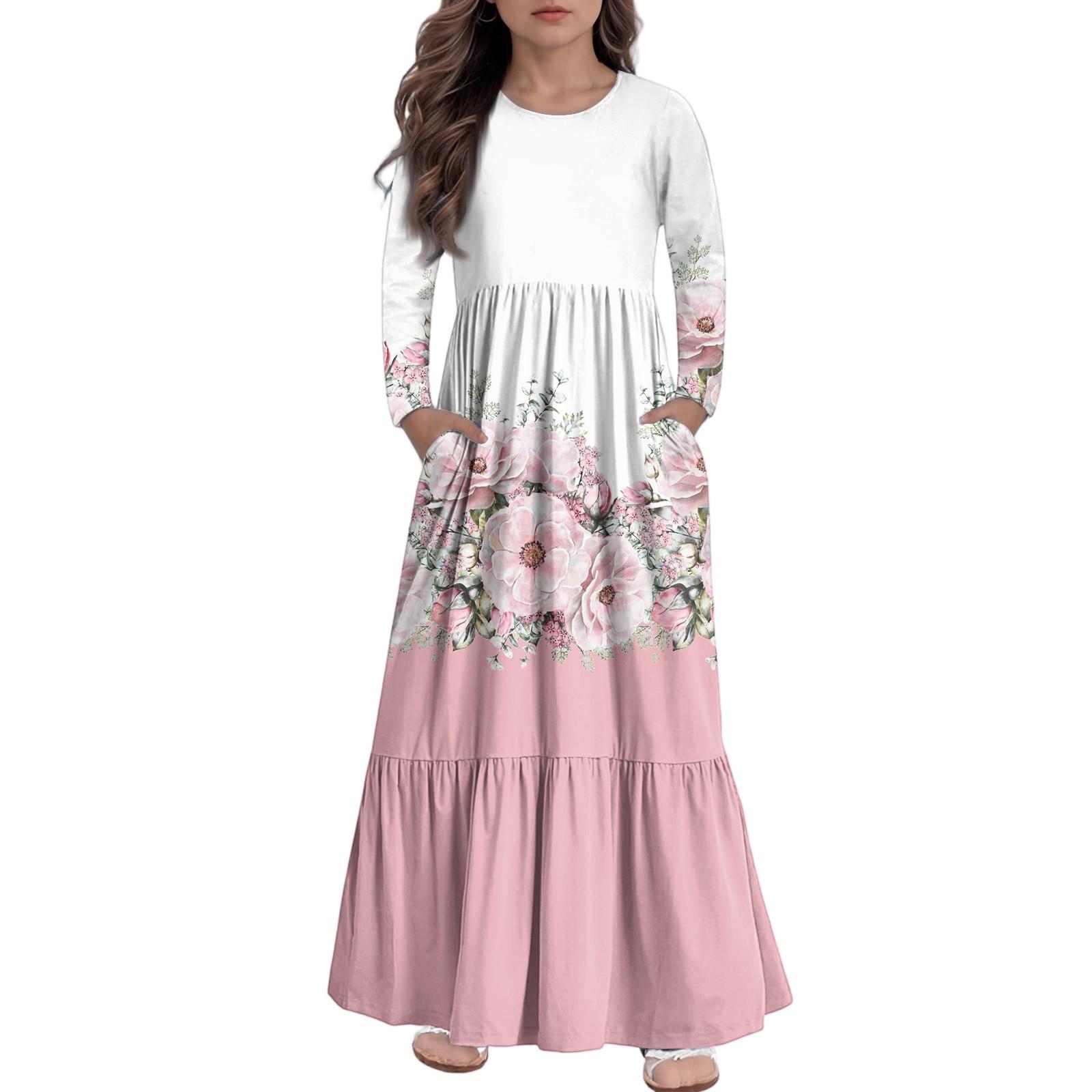 

Макси-платье для девочек, повседневные праздничные платья - платье с длинным рукавом и карманами для 4-14 лет 130 розовый