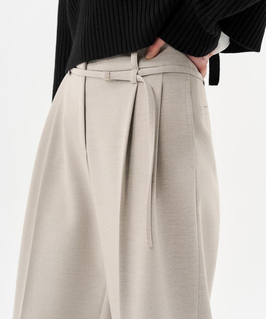 Laneonkyulleoseu Belt Detail Pintuck Wide Pants_Melange Beige