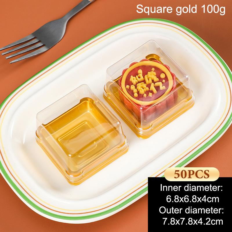 50 Piezas Transparente Dorado Cuadrado Plástico Postre Huevo-Yema-Bocadillo Caja Empaque Pastel de Luna Contenedor Pastel de Luna para Horneado Empaque de Alimentos