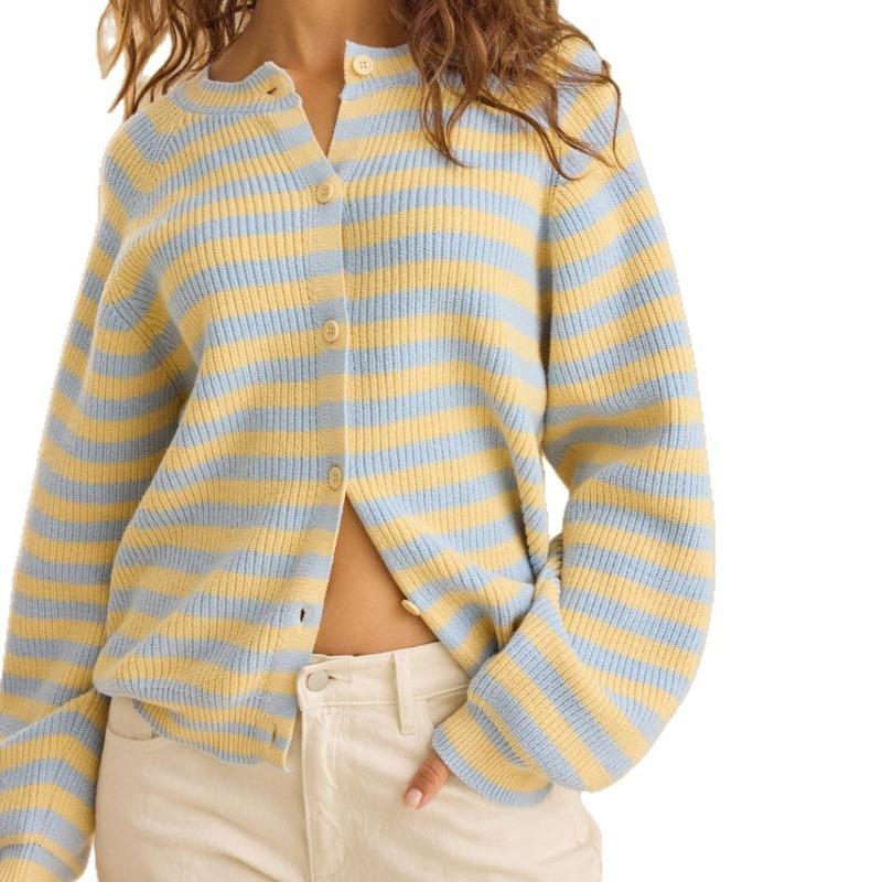 Women S Striped Crew Neck Loose Long Sleeve Knit Cardigan