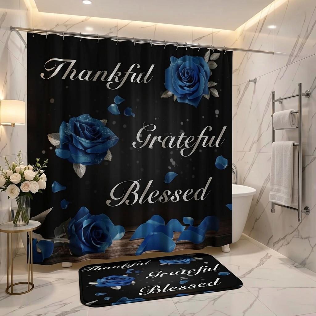 4-teiliges königliches Duschvorhang-Set zum Valentinstag mit rutschfester Badematte, Toilettendeckelbezug, Kontur-Teppich & 12 Haken, Badezimmer-Dekoration