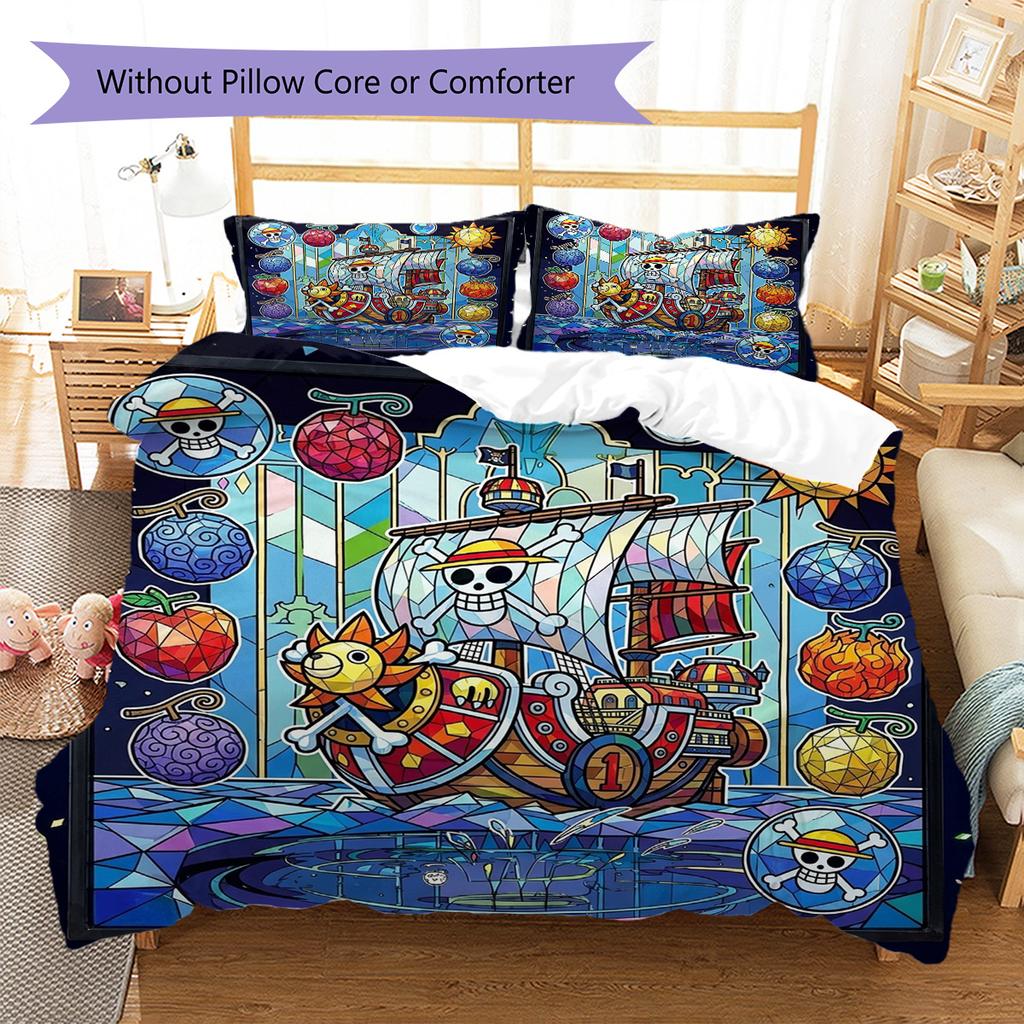 One Piece Luffy Pattern Bedding Quilt Set Quilt Cover Pillowcase Home Decoration Birthday Gift (1 * Duvet Cover + 2 * Pillowcase, Without Core)