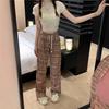 145cm Vintage Pink Plaid Drawstring Wide Leg Pants - Women's Slimming Straight Leg Summer Casual Loose Fit