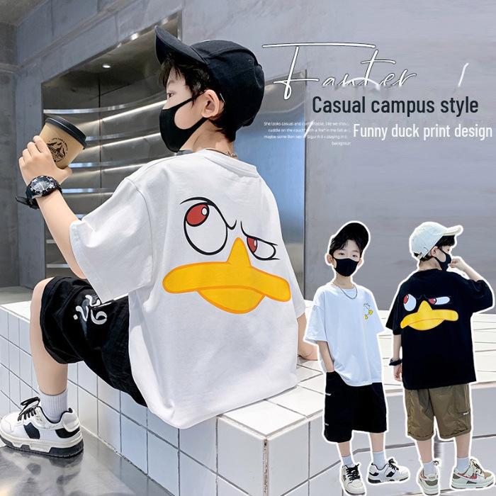 

Новая футболка для мальчиков 2023 года из чистого хлопка с коротким рукавом и синим принтом 140