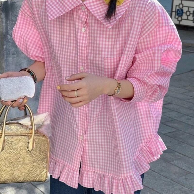 Women's Checkered Shirt spring Flip Collar Single Breasted Ruffle Edge Ladies Shirts Japanese Style Loose Casual Famale long sleeved Top