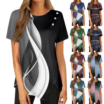 Button Detail Curvy Hem T-shirt, Short Sleeve Round Neck Casual Top, Women's Clothing